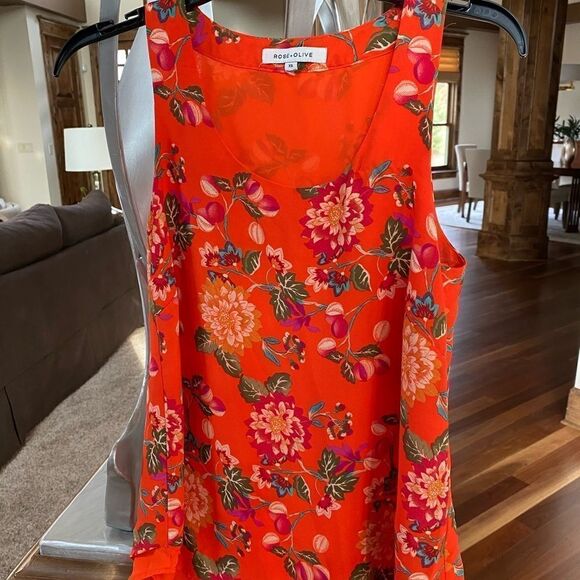24-💼Rose + Olive Layered Floral Tank. Fully Lined. Orange - Picture 3 of 7
